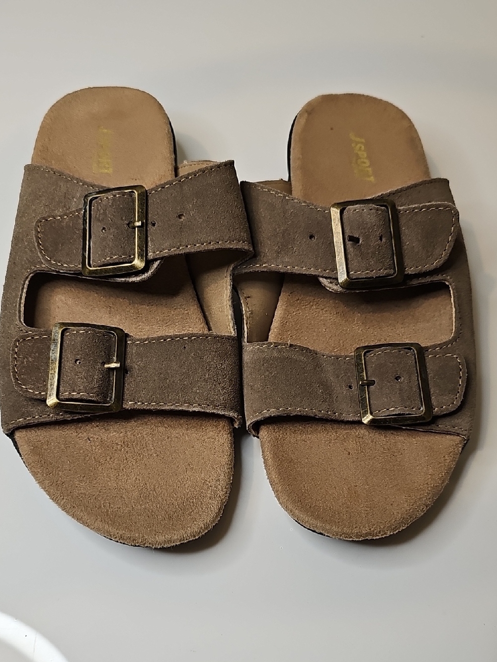 JSport by Jambu Women's Double-Buckle Suede Slide Sandal - Taupe Size 8M - Picture 2 of 6